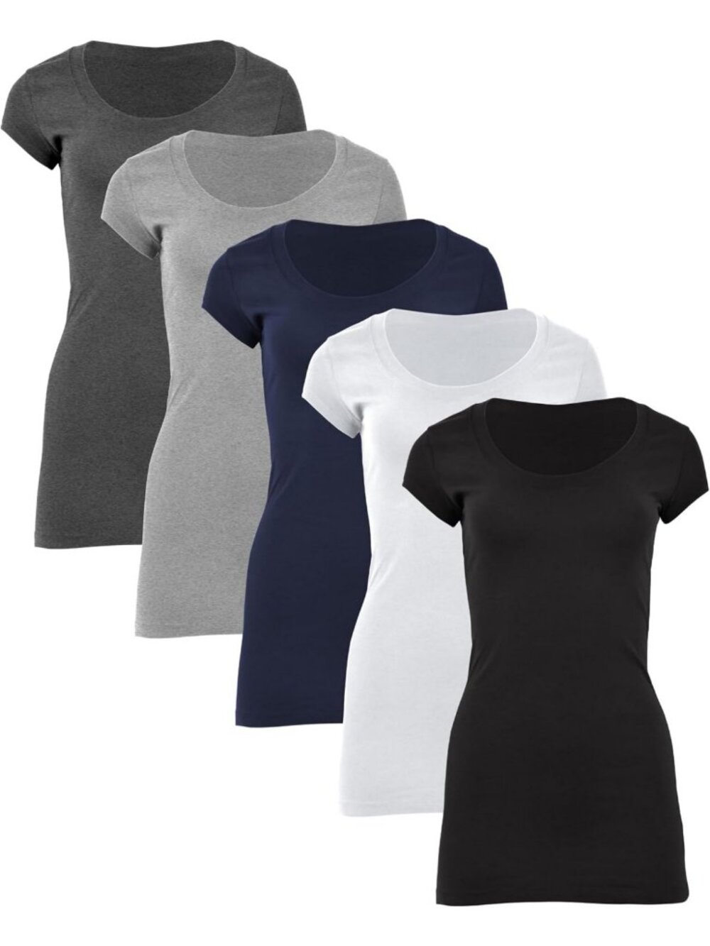 Sexy Cotton Stretch Scoop Neck Short Sleeve Extra Long T-Shirt - Multi Pack